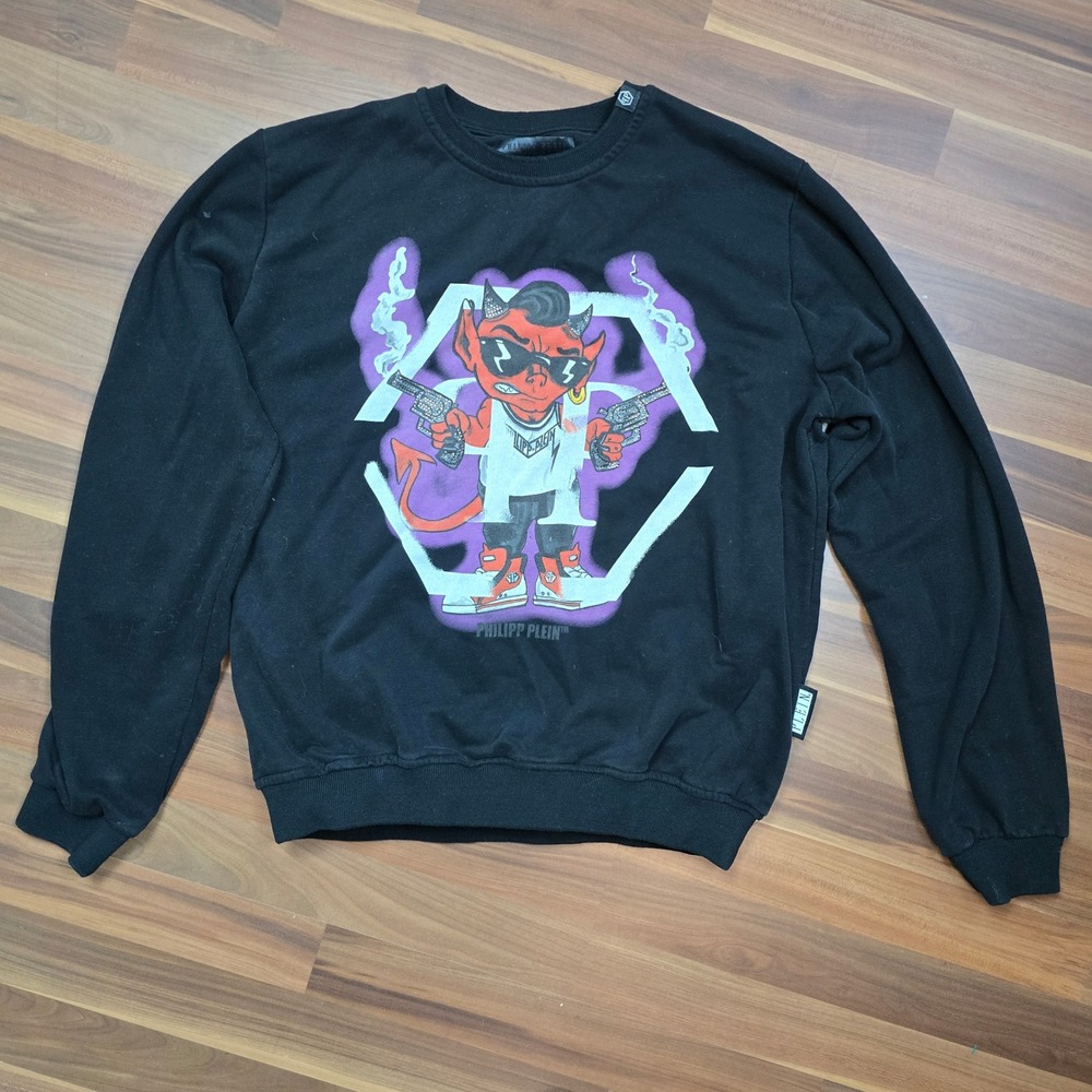 Authentic Philipp Plein Homme Black Devil Rhinestone Crewneck Sweatshirt